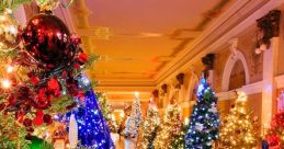 Festively decorated Christmas trees line a grand hallway, adorned with twinkling lights and colorful ornaments.