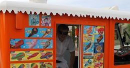 Ice cream truck with colorful menu displaying treats, featuring a cheerful attendant ready to serve delicious desserts.