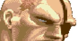 Sagat from Super Street Fighter II, showcasing his iconic fierce expression and distinctive muscular build in pixel art style.