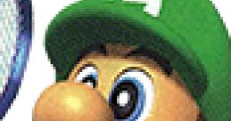 Luigi smiling with a tennis racket, showcasing his iconic green cap from Mario Tennis 64. Retro gaming character.