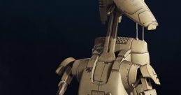 Battle Droid holds a blaster, showcasing its combat-ready stance against a dark background in a sci-fi setting.