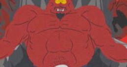 Satan from South Park, depicted as a muscular red figure with horns, sitting on a dark throne, exuding a mischievous aura.