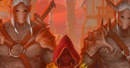 Official Gloomhaven characters: a dark cloaked figure flanked by muscular, horned warriors against a fantasy landscape backdrop.