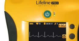 Lifeline PRO defibrillator with clear display, shock button, and manual override for emergency cardiac care.