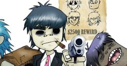 Gorillaz characters in a wanted poster theme, featuring animated band members with cash and firearms. Unique art style.