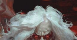 Powerful wizard with white hair and glowing red eyes, channeling magic in the Dungeon of the Mad Mage setting.