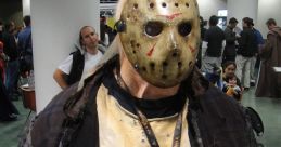 Jason Voorhees cosplay at a convention, featuring iconic hockey mask and tattered clothing, creating a chilling atmosphere.