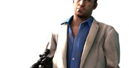 Nick from Left 4 Dead 2, armed and ready, wearing a stylish white suit over a blue shirt, showcasing his tough persona.