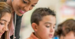 Teacher guiding students in a classroom as they engage in writing activities, fostering collaborative learning.