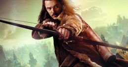 Dynamic portrayal of a bard archer aiming a bow, set against a mystical village landscape. Adventure and fantasy themes.