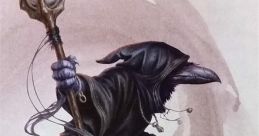 Dark-robed Kenku wizard wielding a staff, showcasing a mystical aura and intricate details in a fantasy setting.