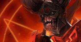 Dota 2 Doom character with fiery background, showcasing armor and menacing horns, representing darkness and power.