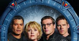 Main cast of Stargate SG-1 poses confidently in front of the iconic stargate, showcasing their adventurous spirit.