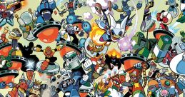 Colorful gathering of various Robot Masters in action-packed scene, showcasing the diversity of robotic characters.