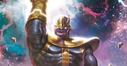 Powerful Thanos wielding his gauntlet, surrounded by cosmic energy and debris, embodying ultimate strength in the galaxy.