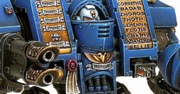 Detailed Warhammer Dreadnought model featuring blue armor and intricate inscriptions, showcasing its impressive design and craftsmanship.