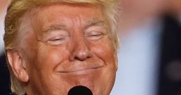 Donald Trump smiling confidently while speaking at a public event, showcasing his signature hairstyle and red tie.