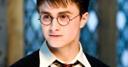 Harry Potter in a Hogwarts uniform, featuring round glasses and a Gryffindor tie, looking determined and curious.