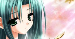 Anime character with long green hair and vibrant eyes, wearing stylish armor, set against a colorful background.