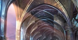 Ethereal architectural scene featuring a fountain, arches, and stained glass reminiscent of Portal 2's Wheatley environments.