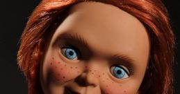 Chucky doll with red hair and blue eyes, wearing 'Good Guys' overalls, perfect for horror collectors and Ahh B fans.