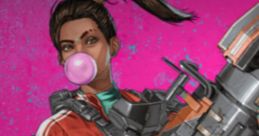 Rampart from Apex Legends poses confidently, blowing a bubble gum with her heavy weapon against a vibrant pink backdrop.