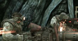 Two soldiers operate a heavy weapon against the Locust in Gears of War 2, amidst a tactical battlefield setting.