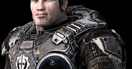 Marcus Fenix from Gears of War 2, showcasing his armored suit and intense expression in a dark background.