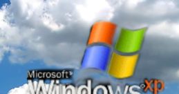 Windows XP Stuart logo set against a serene landscape with clouds and green fields, symbolizing nostalgia for classic computing.