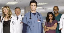 Main cast of the show "Scrubs" in a hospital setting, showcasing diverse medical uniforms and their camaraderie.