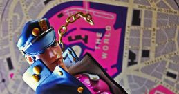 Jotaro Kujo figurine displayed with a colorful map background, highlighting iconic elements from JJBA.