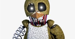 Tjoc FNAF character standing with visible mechanical features and damaged parts, showcasing a unique design and eerie aesthetic.