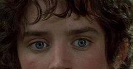 Close-up of Frodo, a key character from "The Lord of the Rings," with expressive blue eyes and curly hair in a forest setting.