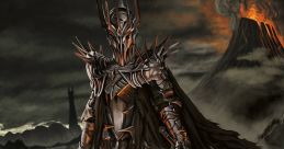 Sauron, the Dark Lord, stands menacingly in an ash-covered land, wielding a spear amidst volcanic eruptions and darkness.