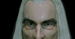 Close-up of Saruman's character, featuring his long white hair, piercing gaze, and mystical presence.