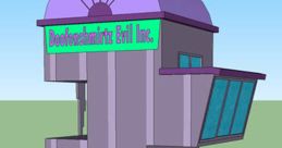 Iconic building of Doofenshmirtz Evil Inc. featuring a whimsical design and vibrant colors, a staple in the animated series.