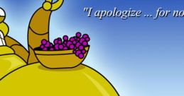 Hedonism Bot from Futurama, humorously serving grapes, with a whimsical apology in a colorful background.