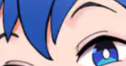 Cheerful anime character with blue hair and sharp teeth, perfect for catchy YouTube intro songs and vibrant content.