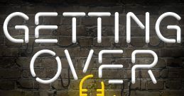 Neon sign for "Getting Over: Wrestling Podcast" featuring a microphone and wrestling ring design, set against a brick wall.