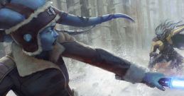 Blue-skinned character wielding a lightsaber, engaged in a thrilling battle scene in snow-covered terrain, perfect for Star Wars RPG.