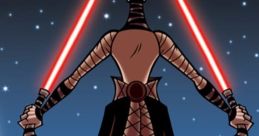 Jedi warriors confront a powerful foe with red lightsabers in this thrilling scene from the Star Wars animated series.