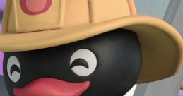 Pingu in a firefighter hat, ready for action, promoting safety and fun in The Pingu Works children's series.