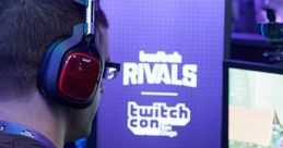 Gamer in headphones focuses on Twitch Rivals tournament gameplay at TwitchCon, showcasing competitive streaming culture.