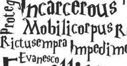 A collection of iconic Harry Potter spells in artistic typography, featuring "Expelliarmus," "Incarcerous," and more.