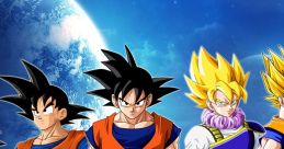 Goku in various forms, showcasing iconic Dragon Ball Z transformations against a cosmic background.