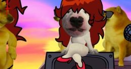 FNF-themed artwork with animated dogs and a character, featuring a vibrant sunset backdrop and music elements.