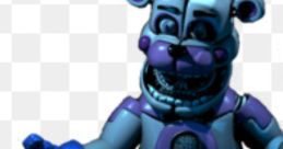 FNAF character with a sinister smile, blue and purple design, showcasing a playful yet eerie expression.