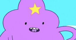 Lumpy Space Princess playfully poses in a vibrant landscape, showcasing her iconic purple form and star-shaped accessory.