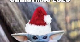 Funny Christmas meme featuring Baby Yoda in a Santa hat with the caption about celebrating Christmas 2020.