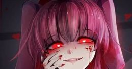 Sinister yandere girl with blood-stained hands and glowing red eyes, embodying the essence of Crazy Yandere Girl Voice.